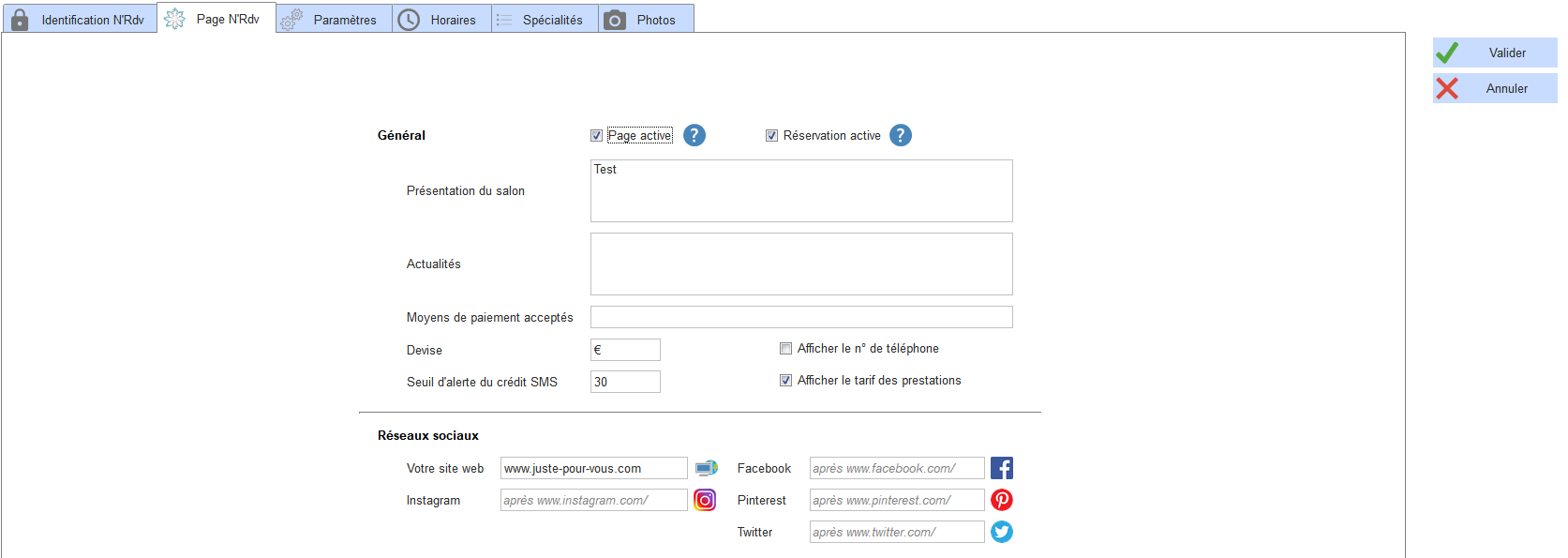 Paramètres page N'Rdv