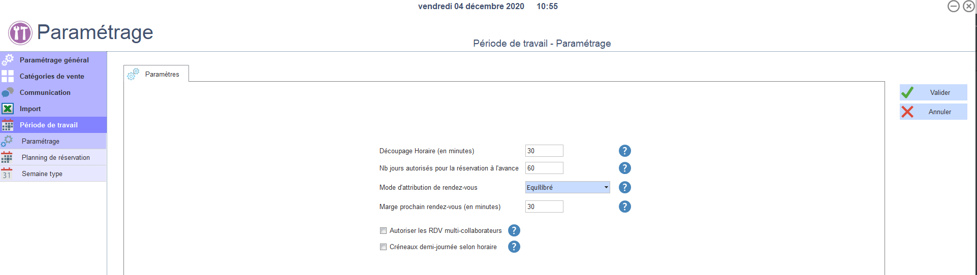 Paramètres périodes de travail