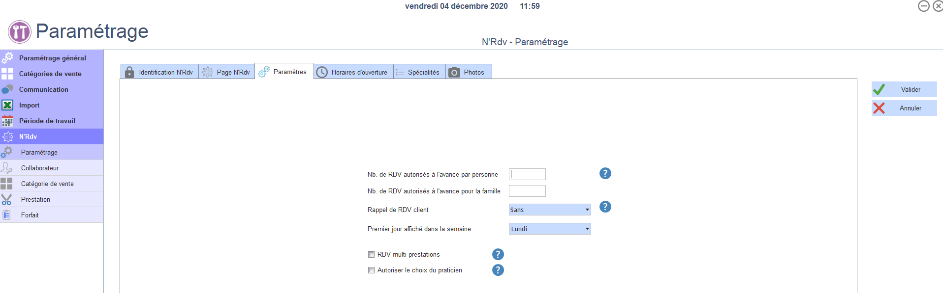 Paramètres prise de RDV