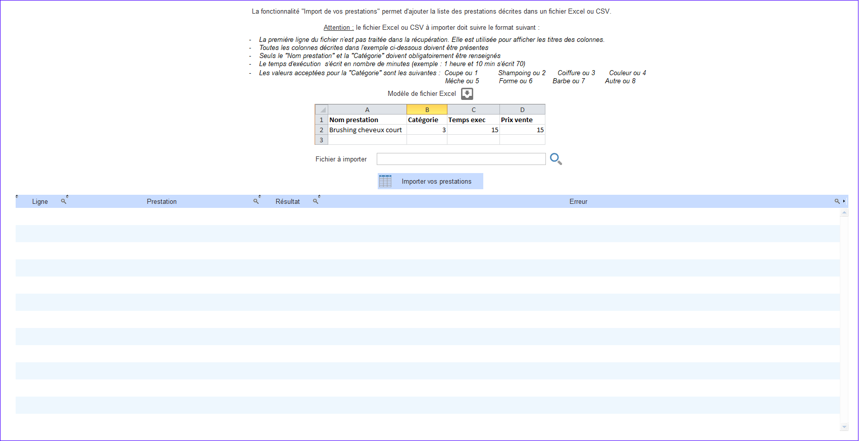 Import des prestations